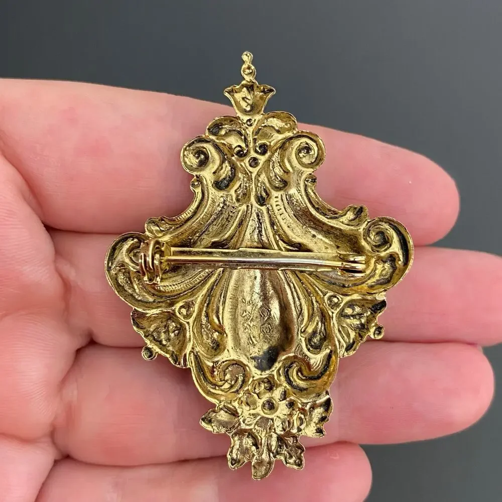 Vintage Gold Tone Baroque Filigree Shield Brooch Pin Victorian Revival Marquise